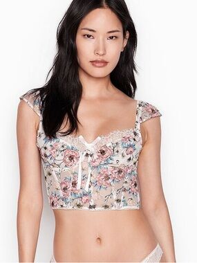 Victoria's Secret Floral Lace Bustier Top - White with Pink & Blue Flowers